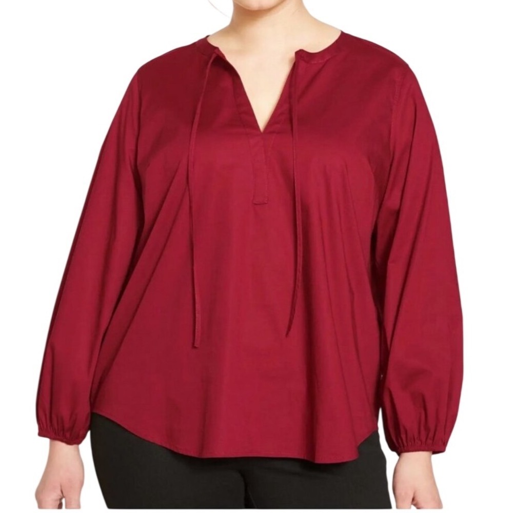 Universal Standard Burgundy Cotton Tie Neck Popover Peasant Blouse Top Large